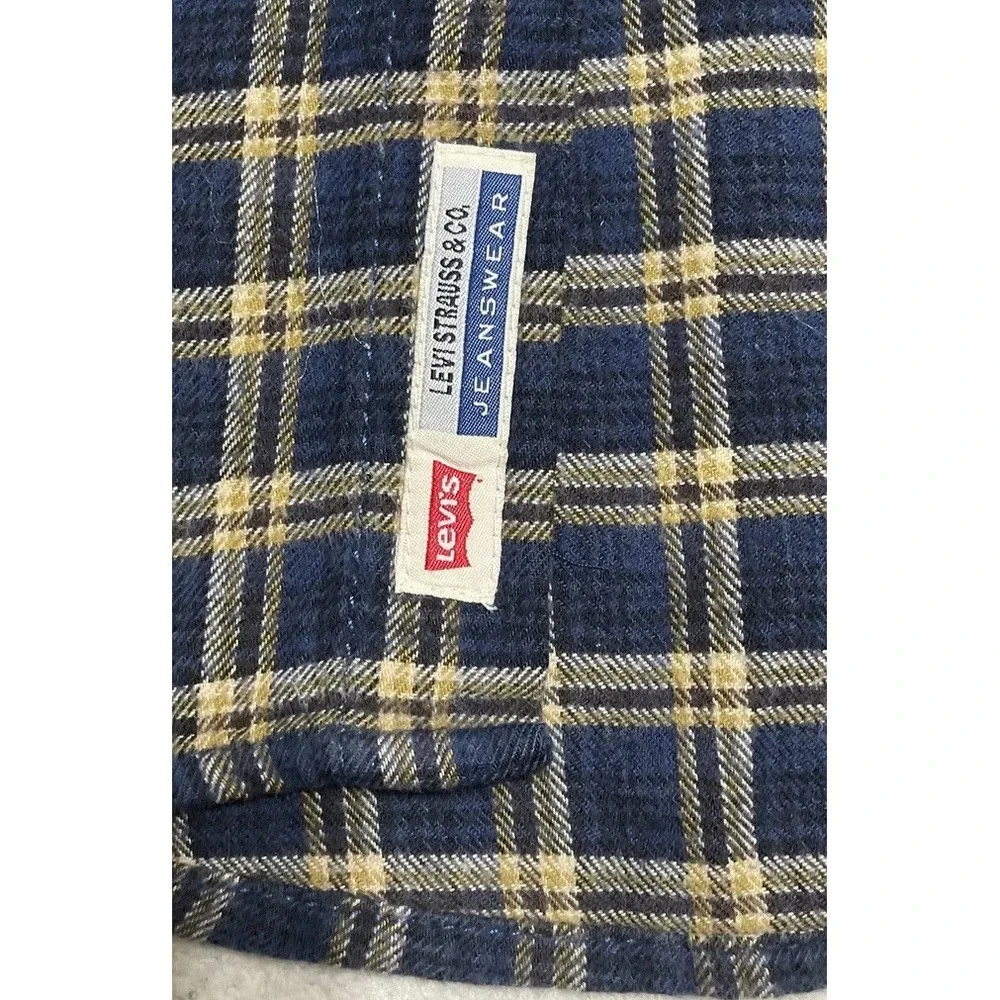 Mens Levis Flannel Shirt Size Large Blue Plaid Long Sleeve Pockets Button Up